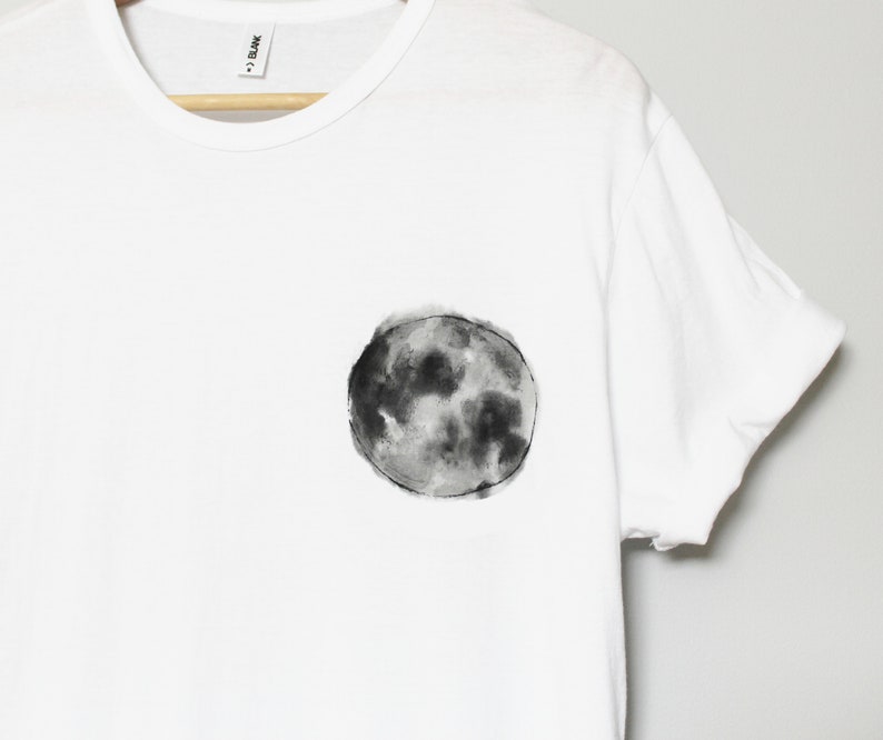 Full moon t-shirt, moon phases hand painted UNISEX pocket shirt, dans la lune, monochrome minimalist, celestial art, white relaxed fit White - no text