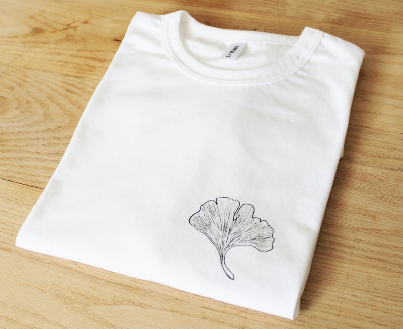 Ginkgo t-shirt, botanical plant tee, UNISEX hand painted pocket shirt, minimalist ginkgo biloba leaf illustration, botanic floral fashion image 3