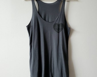 Ready to ship, charcoal tank top, ladies bamboo racerback tank, hand printed love design, organic soft  summer tank, ethical fashion