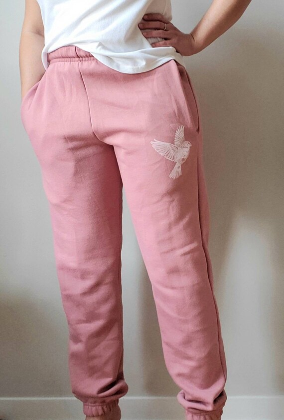 Pink Sweatpants, Soft Pink Jogger, Hand Printed Unisex Jogging Pants, Cozy Fleece  Lounge Pants, Ethical Clothing, Cute Gift for Her 