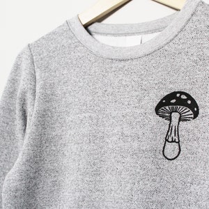 Mushroom sweatshirt, unisex mushroom print crewneck, cute hand print design, gray soft sweater, block print jumper, ethical unique clothing