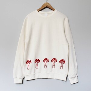 Ready to ship Red mushrooms bamboo unisex sweatshirt, hand printed design, organic fleece crewneck sweater, soft jumper, ethical fashion image 3