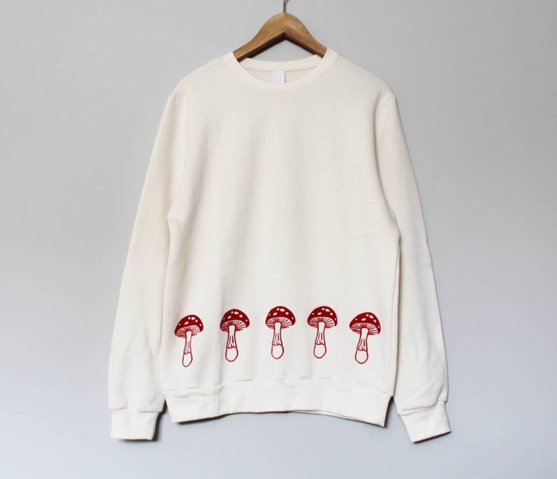 Ready to ship Red mushrooms bamboo unisex sweatshirt, hand printed design, organic fleece crewneck sweater, soft jumper, ethical fashion image 3