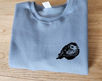 Coton ouaté oiseau, crewneck unisexe, illustration oiseau imprimé à la main, chandail linogravure, mode automne éthique