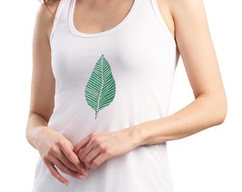 Green Leaf Print Bamboo Tank Top: Hand-Printed Racerback, Ethical Summer Fashion