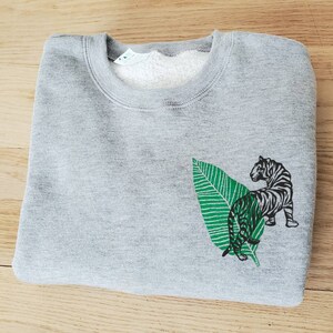 Tiger with green leaf bamboo unisex sweatshirt, wild cat block print design, organic crewneck sweater, ethical fashion, soft natural jumper image 6