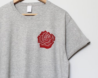 Ready to ship / Red rose t-shirt, UNISEX hand printed flower shirt, minimalist floral print, hand stamped botanical tee, ethical fashion