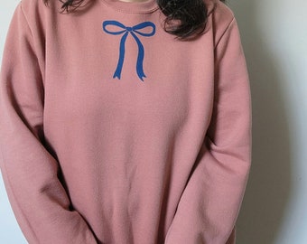 Bow sweatshirt, blue bow crewneck, hand block printed coquette ribbon illustration, cute jumper, gift for her, ethical spring fashion