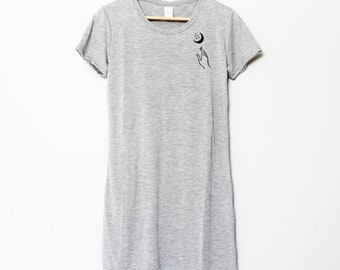 Moon & Hand Print T-Shirt Dress: Bamboo Organic Cotton Lino Print