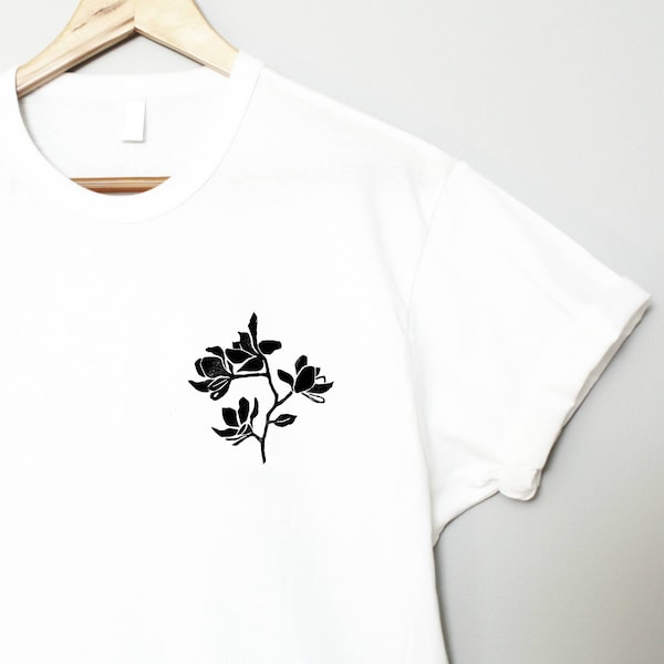 Magnolia t-shirt, UNISEX hand printed flower shirt, minimalist graphic floral block print, hand stamped botanical lino tee, ethical fashion