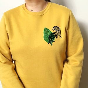 Tiger and leaf sweatshirt, hand printed unisex crewneck, unique block print sweater, linocut clothing, ethical fashion