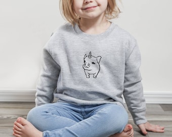Pig unicorn kid sweatshirt, unipig unisex crewneck, cute pigicorn hand printed sweater, lino print design, grey soft jumper, ethical fashion
