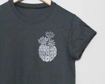 Cactus t-shirt, UNISEX succulent tshirt, hand printed vintage botanical illustration, charcoal tee, hand stamped block print, lino design