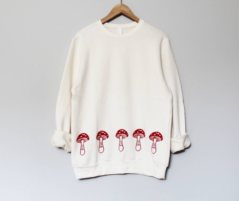 Ready to ship Red mushrooms bamboo unisex sweatshirt, hand printed design, organic fleece crewneck sweater, soft jumper, ethical fashion image 1
