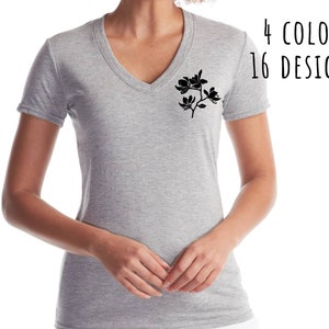 Woman v-neck bamboo t-shirt, hand print illustration, organic cotton bamboo, linoprint tshirt, ladies casual clothes, unique ethical fashion