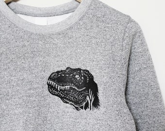 Hand Printed T-Rex Sweatshirt: Unisex Marled Gray Loungewear