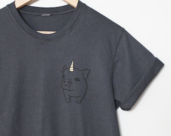 Pigicorn t-shirt, UNISEX unipig hand printed charcoal tee, pig unicorn hand stamped lino design, block print, linoprint tshirt, cute pig tee