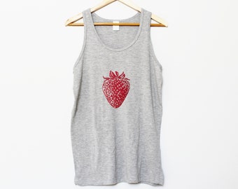 Ready to ship / strawberry print bamboo unisex tank top, hand printed linocut design, organic cotton sleeveless top,  ethical fashion