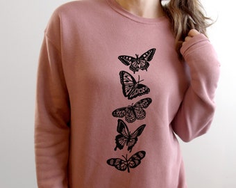 Coton ouaté papillons, crewneck unisexe avec imprimé insectes papillon fait à la main, dessin linogravure, mode éthique