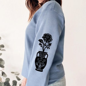 Flower vase sleeve print sweatshirt, hand printed unisex crewneck, floral print design, block print soft cute jumper, ethical fashion image 1