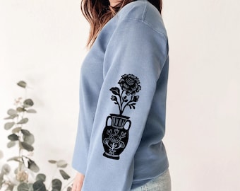 Hand Printed Flower Vase Sleeve Sweatshirt: Unisex Floral Crewneck