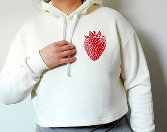 Cropped strawberry hoodie, crop hooded bamboo berry sweatshirt, hand printed red fruit organic hoody, crop top, spring ethical fashion