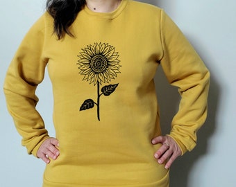 Mustard yellow sweatshirt, hand printed unisex crewneck, minimalist design, unique block print sweater, soft jumper, ethical  fashion