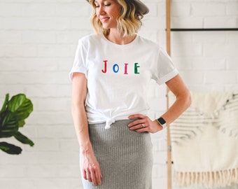 Ready to ship / Joie t-shirt, hand printed UNISEX joy tshirt, colorful graphic french quote, minimalist block print, ethical spring fashion