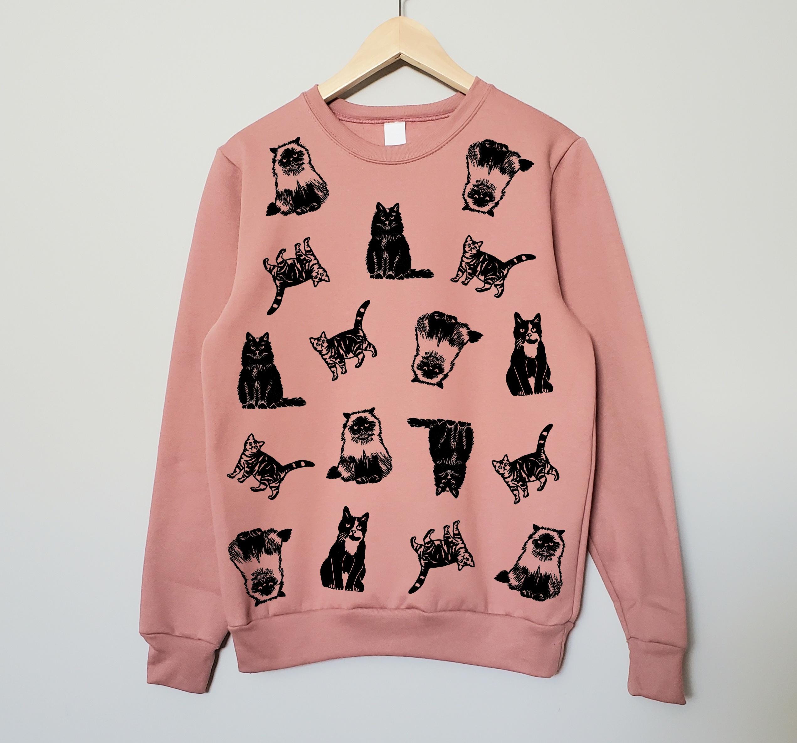 Cat Print Sweatshirt, Hand Printed Unisex Crewneck, All Over