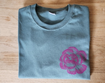 Pink Flower T-Shirt: Hand-Printed Botanical Linocut, Ethical Fashion
