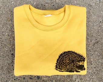 Hedgehog sweatshirt, unisex hand printed crewneck, block printed cottagecore illustration, soft cute jumper, fall clothing, ethical fashion