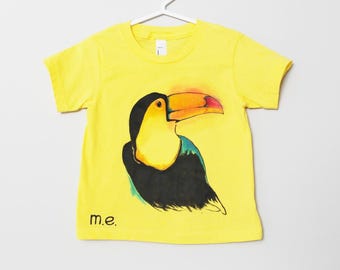 Toucan baby t-shirt, hand painted bird yellow colorful tee, tropical  summer tshirt, unique fashion, ooak, wearable art, 12-18 months