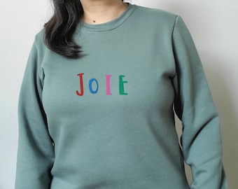 Ready to ship / Joie sweatshirt, unisex hand printed joy crewneck, block printed colorful graphic shirt, ethical fashion