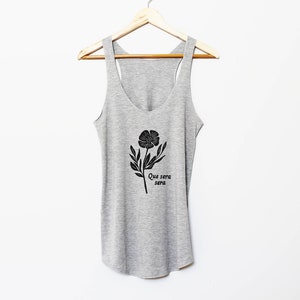 Ready to ship, Gray flower tank top, ladies bamboo racerback tank, hand printed que sera sera design, organic summer tank, ethical fashion
