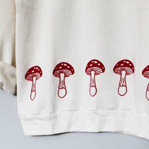 Ready to ship Red mushrooms bamboo unisex sweatshirt, hand printed design, organic fleece crewneck sweater, soft jumper, ethical fashion image 2