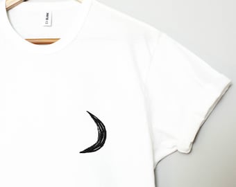 Moon t-shirt, UNISEX hand printed shirt, minimalist half moon, moon phase, lino block print, hand stamped celestial design, ethical fashion