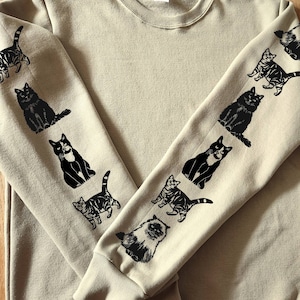 Cat sleeve print sweatshirt, hand printed unisex crewneck, cat print design, cat lover gift, block print soft cute jumper, ethical fashion image 5