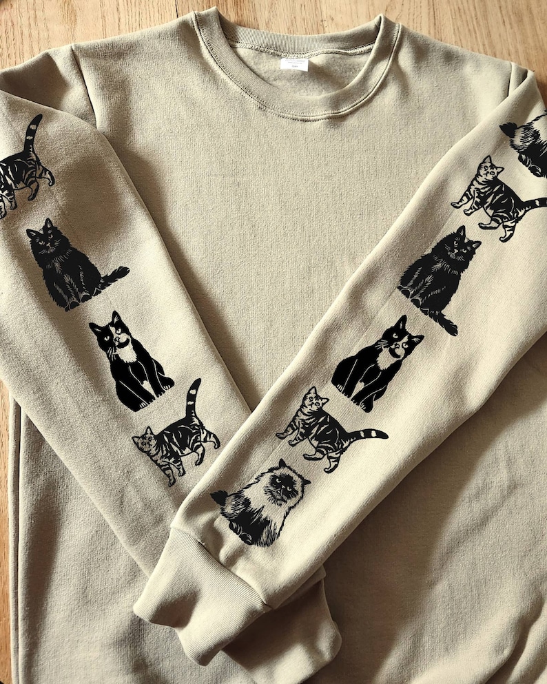 Cat sleeve print sweatshirt, hand printed unisex crewneck, cat print design, cat lover gift, block print soft cute jumper, ethical fashion image 5