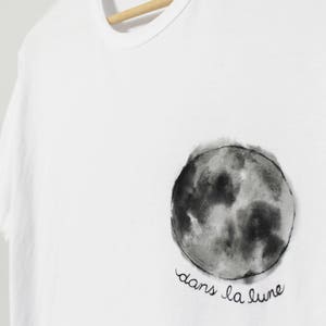 Full moon t-shirt, moon phases hand painted UNISEX pocket shirt, dans la lune, monochrome minimalist, celestial art, white relaxed fit image 8