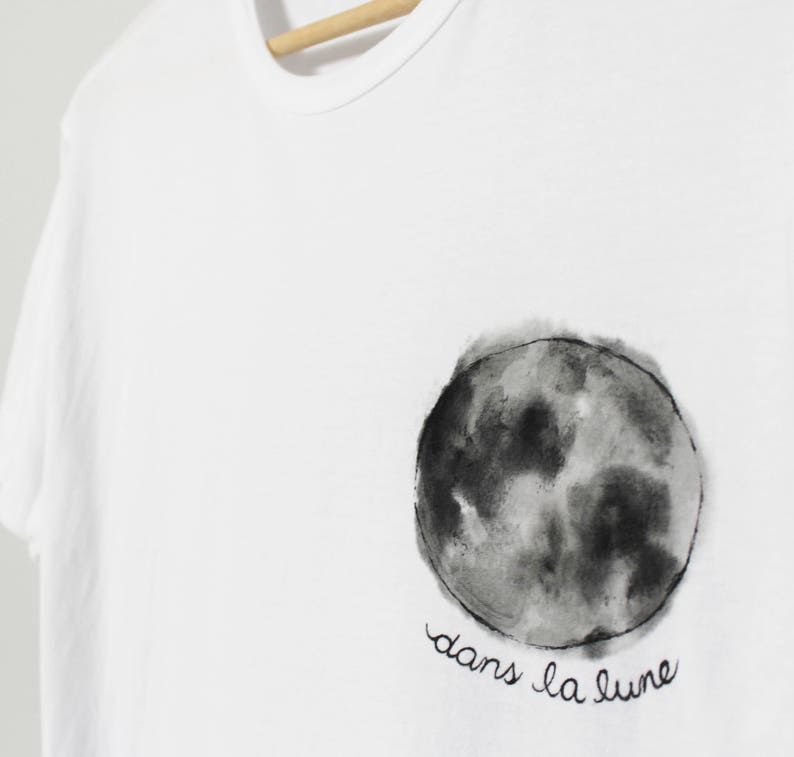 Full moon t-shirt, moon phases hand painted UNISEX pocket shirt, dans la lune, monochrome minimalist, celestial art, white relaxed fit image 8