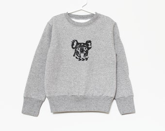 Koala bear kid sweatshirt, unisex koala crewneck, hand printed sweater, lino printed design, monochrome pullover, block print fleece jumper