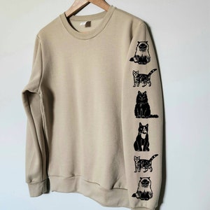 Cat sleeve print sweatshirt, hand printed unisex crewneck, cat print design, cat lover gift, block print soft cute jumper, ethical fashion image 4