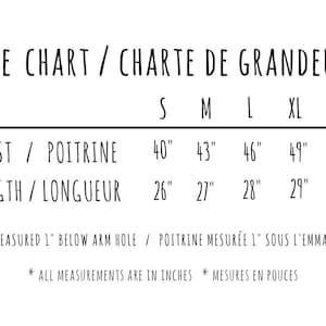 May include: Size chart for clothing in inches.  Chest and length measurements are listed for sizes S, M, L, XL, and 2XL.  Chest is measured 1 inch below the arm hole.