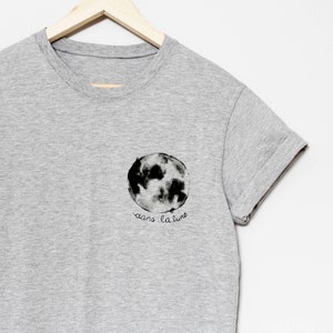 Full moon t-shirt, moon phases hand painted UNISEX pocket shirt, dans la lune, monochrome minimalist, celestial art, white relaxed fit Gray "dans la lune"