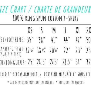 May include: Size chart for a 100% ring spun cotton t-shirt. The chart shows measurements in inches for chest, measured flat, and length. Sizes include XS, S, M, L, XL, and 2XL.