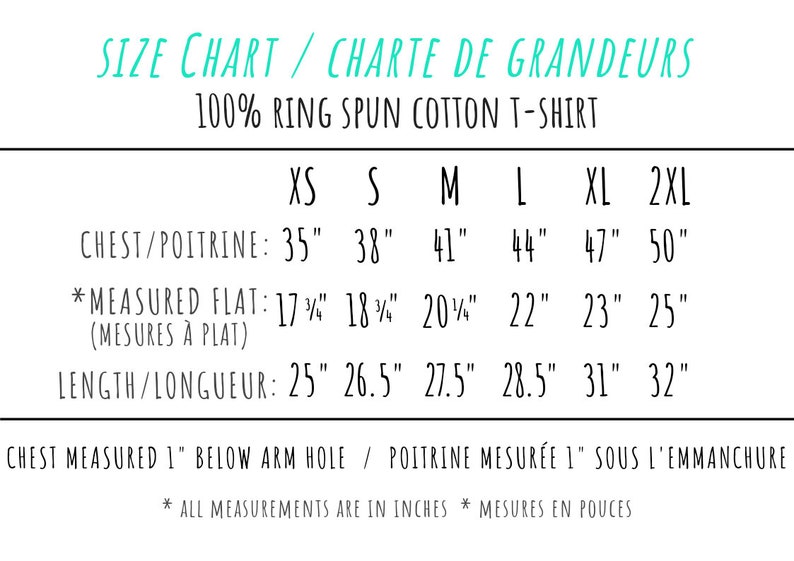 May include: Size chart for a 100% ring spun cotton t-shirt. The chart shows measurements in inches for chest, measured flat, and length. Sizes include XS, S, M, L, XL, and 2XL.