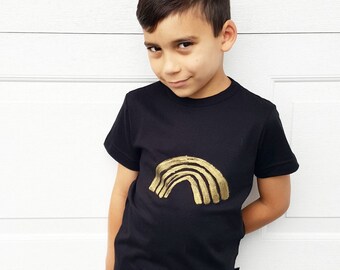 Gold rainbow t shirt, KID unisex hand painted t-shirt, monochrome, minimalist unique wearable art, black and gold crewneck, made to order