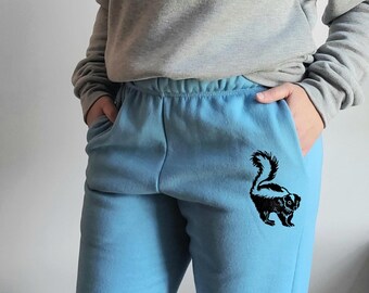 Hand Printed Skunk Sweatpants: Unisex Fleece Blue Joggers