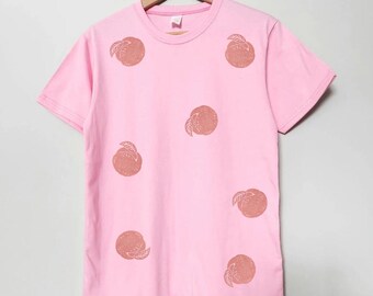 Ready to ship Hand Printed Peach T-Shirt: Unisex Fruit Tee, Ethical Summer Fashion