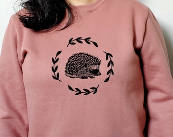 Hedgehog sweatshirt, unisex hand printed crewneck, block printed cottagecore illustration, hedgehog and fern jumper, ethical fall fashion